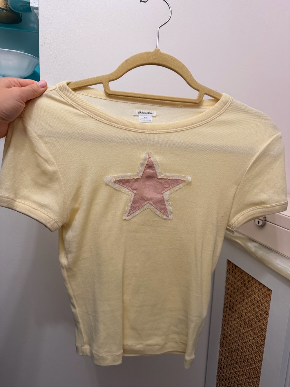 Urban Outfitters Pale Yellow Short Sleeve Tee with Pink Star Applique